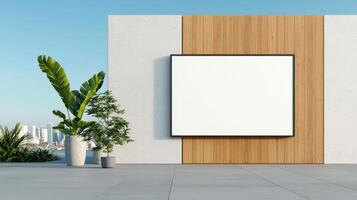 A white wall with a large blank sign and a potted plant in front of it photo