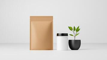 A brown paper bag and a white jar sit on a table next to a potted plant photo