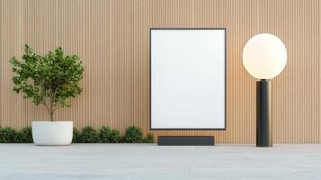 A White Sign on a Wooden Wall Next to a Potted Plant Minimalist Elegance photo