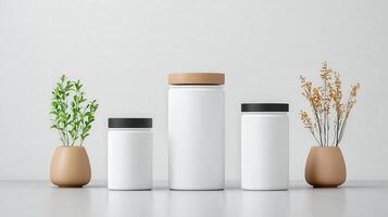Three white jars with black lids sit on a table next to three potted plants photo