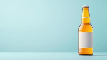 Chilled Perfection A Bottle of Beer Sitting on a Blue Background photo