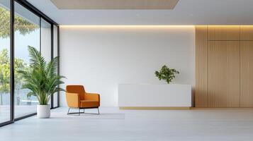 A white room with a chair and a potted plant photo