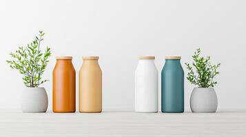 Four vases of different colors and sizes are displayed on a wooden shelf photo