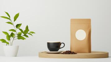 A coffee cup and a bag of coffee sit on a wooden tray next to a potted plant photo