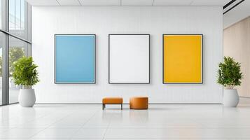 A white and blue wall with three paintings on it photo