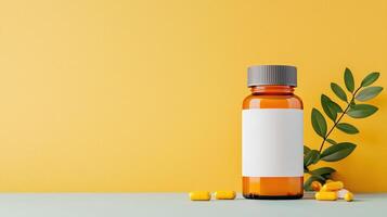 A bottle of pills is on a table next to some pills photo