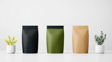 Three bags of different colors and sizes are displayed on a white background photo