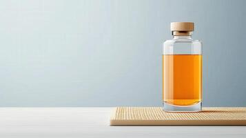 A bottle of liquor sits on a wooden table photo