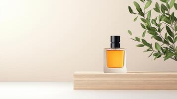 A bottle of cologne sits on a wooden shelf next to a leafy plant photo