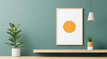 A green wall with a yellow oval framed picture on it photo
