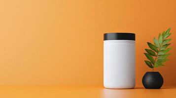 A white jar sits on a table next to a plant photo