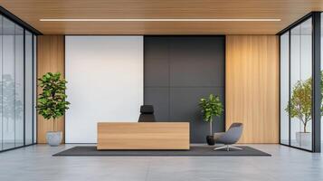 A modern office space with a large desk and a chair, a potted plant photo