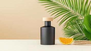 A bottle of perfume is on a table next to an orange photo