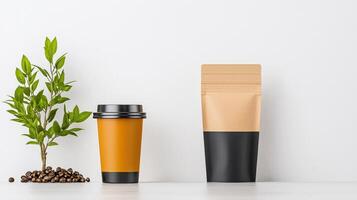 A coffee cup and a coffee bag are on a table next to a plant photo