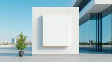 A white wall with a large empty frame and a potted plant in front of it photo