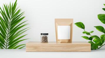 A jar of coffee beans sits on a wooden shelf next to a bag of coffee photo