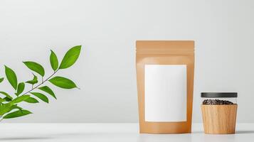 A brown paper bag with a white label sits on a table next to a jar photo