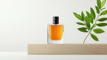 A bottle of cologne sits on a wooden shelf next to a leafy green plant photo