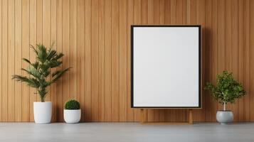 A white framed picture sits in front of a wooden wall photo