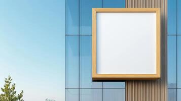 A white sign with a wooden frame is displayed on a building photo