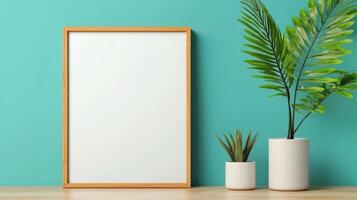 A white framed picture sits on a table next to two potted plants photo