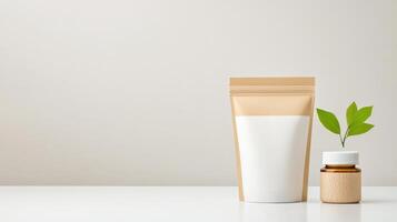 A white and brown bag with a leaf in it sits on a table photo