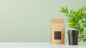 A coffee cup and a brown paper bag are on a table photo