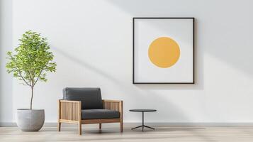 A white room with a black chair and a potted plant photo