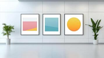 Three paintings are hanging on a white wall photo