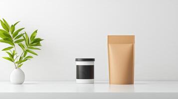 A white table with a brown bag and a black container on it photo