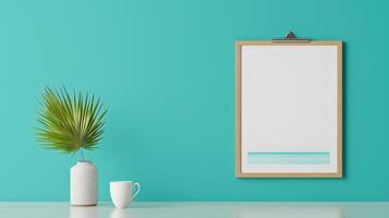 A framed picture of a beach scene hangs on a wall photo
