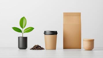 A coffee cup and a bag are displayed on a table with a plant in a pot photo