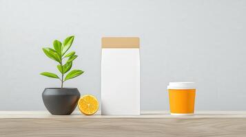 A white box with a plant and an orange on top of it photo