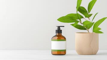 A bottle of lotion sits next to a potted plant photo