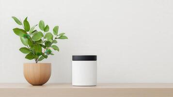 A white jar sits on a wooden shelf next to a potted plant photo