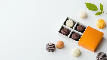A box of assorted chocolates is displayed on a white background photo