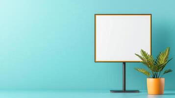A white board is on a stand next to a plant photo