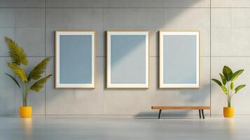 Three empty frames are hanging on a wall in a room photo