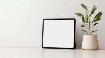 A white tablet sits on a table next to a potted plant photo