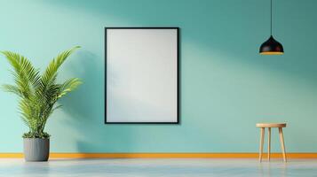 A white framed picture hangs on a wall in a room with a green wall photo