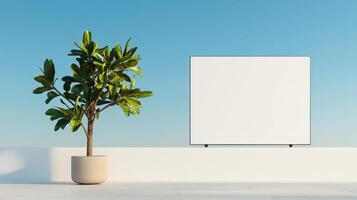 A white sign is on a wall next to a potted plant photo