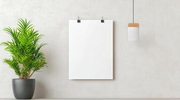 A white poster is hanging on a wall next to a potted plant photo
