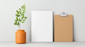 A white piece of paper sits on a table next to a vase with a plant in it photo