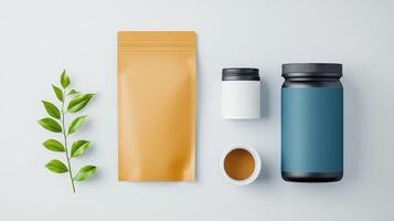 A white jar of powder is next to a brown bag and a leaf photo