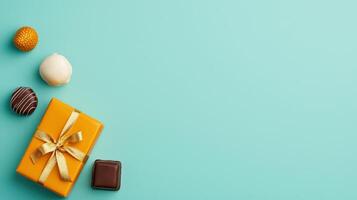 A box of chocolates sits on a blue background photo