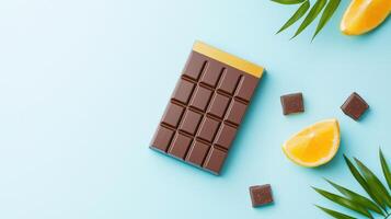 A chocolate bar sits on a blue background with a slice of orange on the right photo