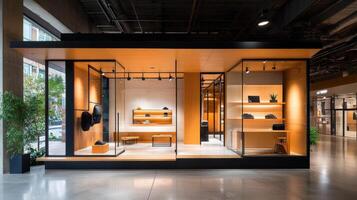 A store with a lot of glass windows and a wooden frame photo