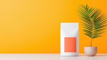 A white bag with a red label sits on a table next to a potted plant photo
