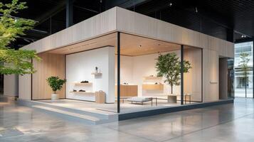 A small building with a white facade and a green tree in front of it photo