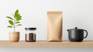 A coffee bag, a jar of coffee beans, and a teapot are displayed on a shelf photo